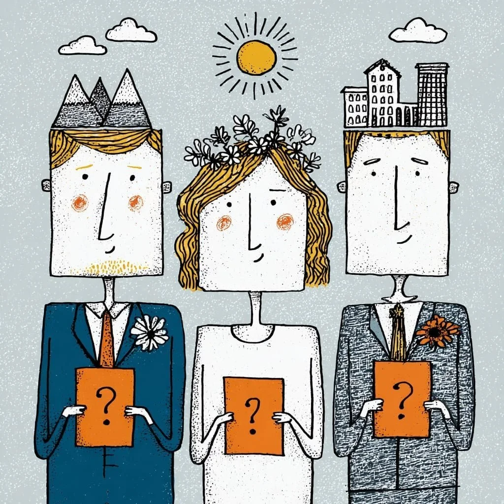 Verbindende Illustration von drei stilisierten Menschen, die jeweils ein orangefarbenes Fragezeichen halten, mit unterschiedlichen Kopfhüten, symbolisierend für Natur, Stadt und Beruf, bei Sonnenlicht und Wolken am Himmel.