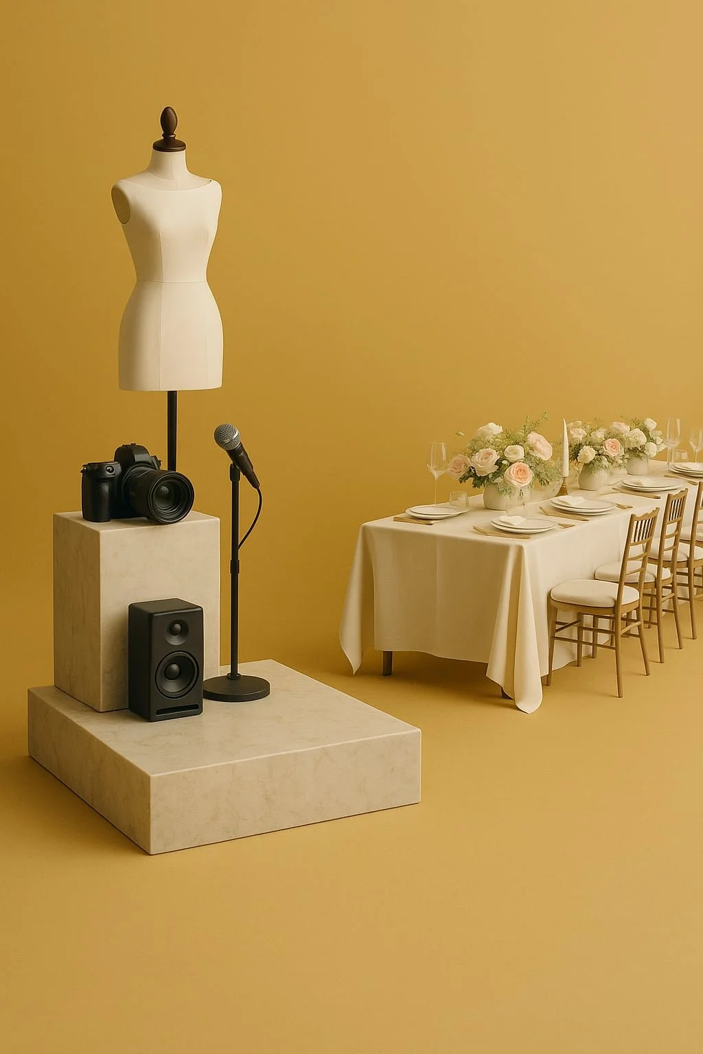 Ein Raum mit gelber Wand, einer Stofffigur, Kamera, Lautsprecher, Mikrofon auf einem Podest und einem festlichen Esstisch mit Blumenteppich aus weißen und rosafarbenen Blumen, Teller und Weingläser.