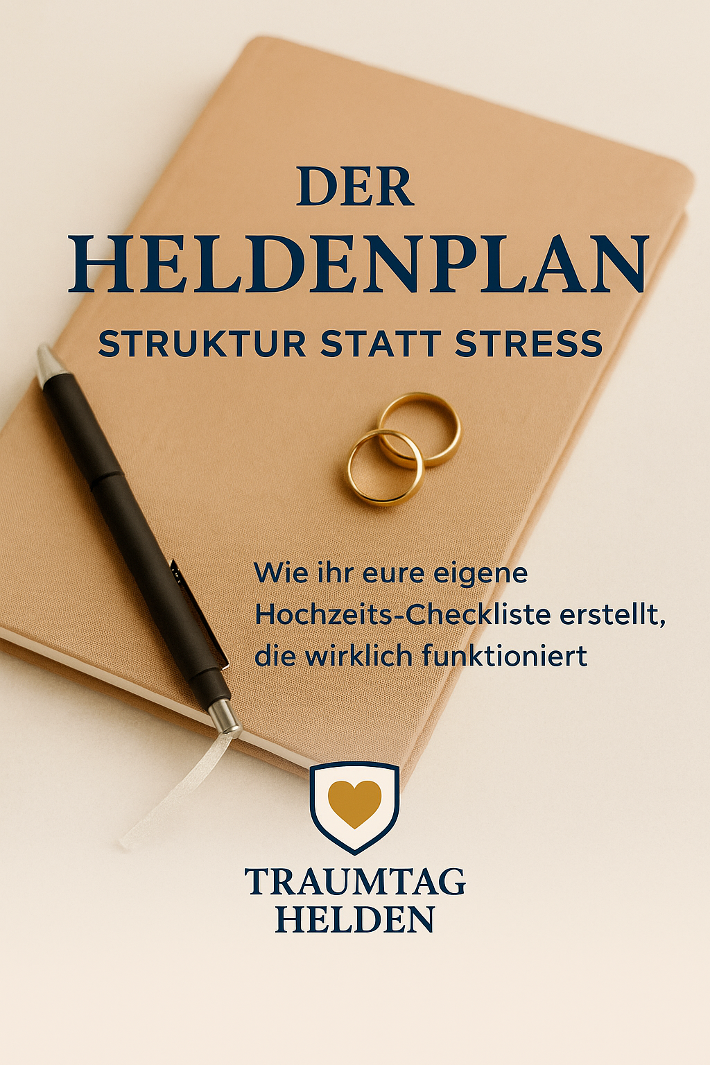 Ein beigefarbener Notizbuch mit einem schwarzen Stift, zwei Goldringen und einem Logo mit einem goldenen Herz. Text auf dem Notizbuch: "Der Heldenplan - Struktur statt Stress" und "Wie ihr eure eigene Hochzeits-Checkliste erstellt, die wirklich funktioniert."