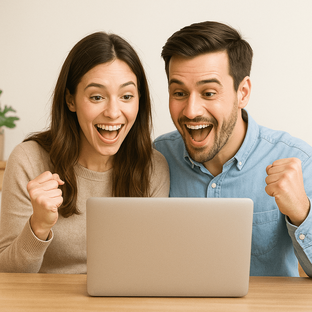 Ein Mann und eine Frau schauen begeistert auf einen Laptop-Bildschirm, fassen sich an die Faust und zeigen Freude.