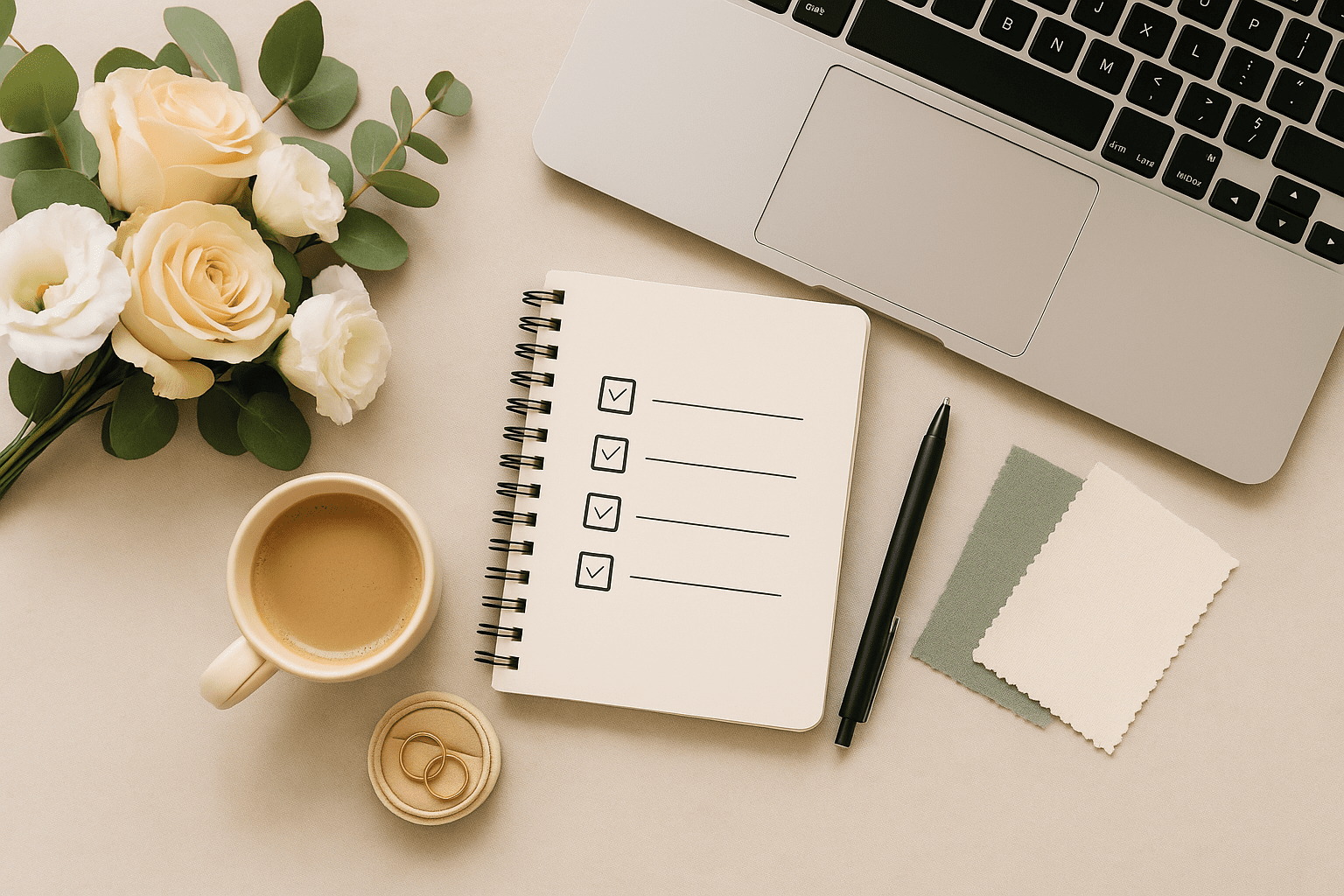 Ein Arbeitsbereich mit Blumen, einer Tasse Kaffee, einem Notizbuch mit Checklisten, einem Kugelschreiber, einem Laptop und Stoffmustern