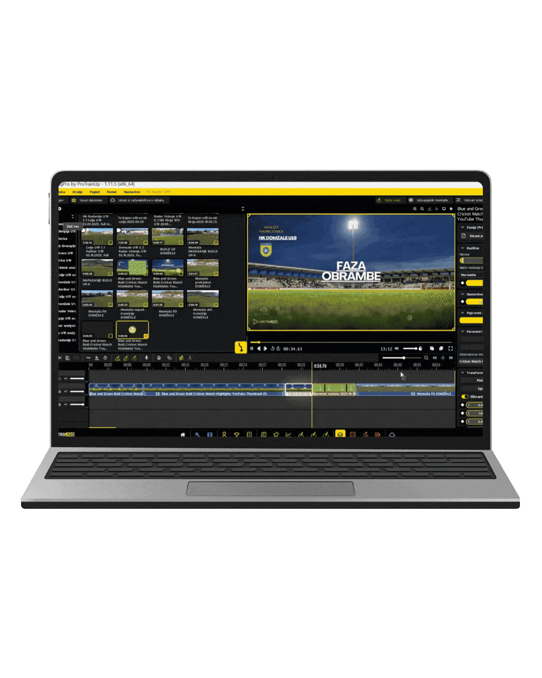 Laptop displaying video analyzing and editing football match video