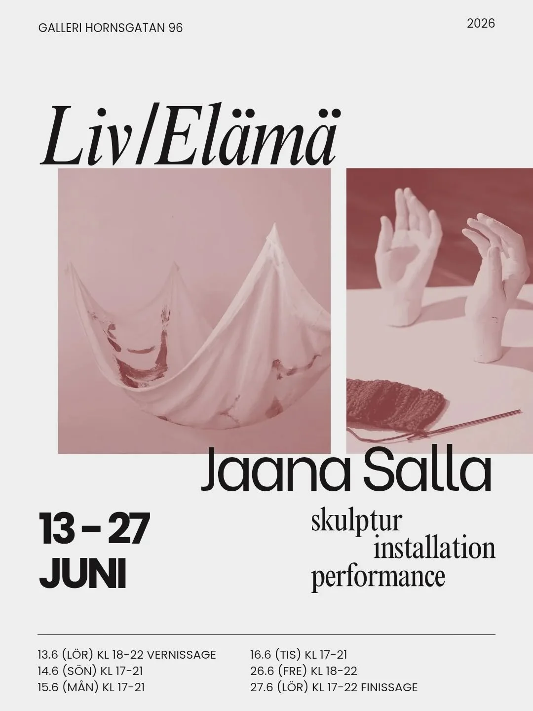 Liv / El&auml;m&auml; (english below)
V&auml;lkomna till min andra utst&auml;llning p&aring; Galleri Hornsgatan 96 @gallerihornsgatan96

Genom skulptur, installation och performance f&ouml;rflyttas kroppen ut ur fotografiet och in i rummet. Utst&auml