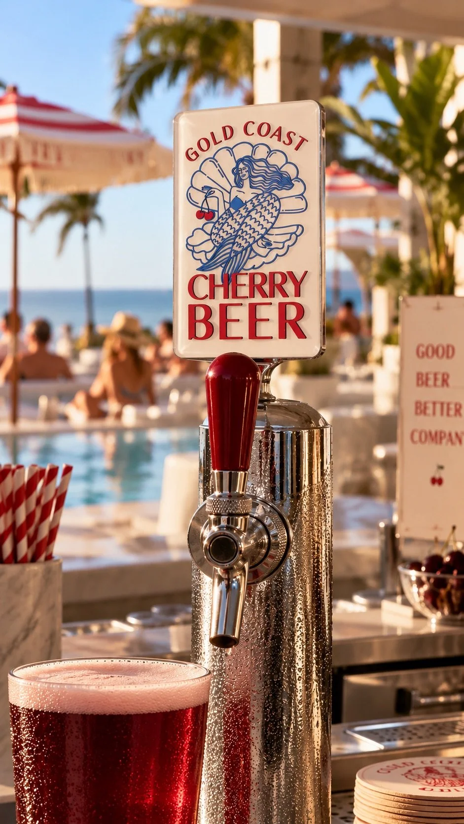 A beachside bar scene with a tap pouring Gold Coast cherry beer and people relaxing by the pool in the background, with beach umbrellas and palm trees.