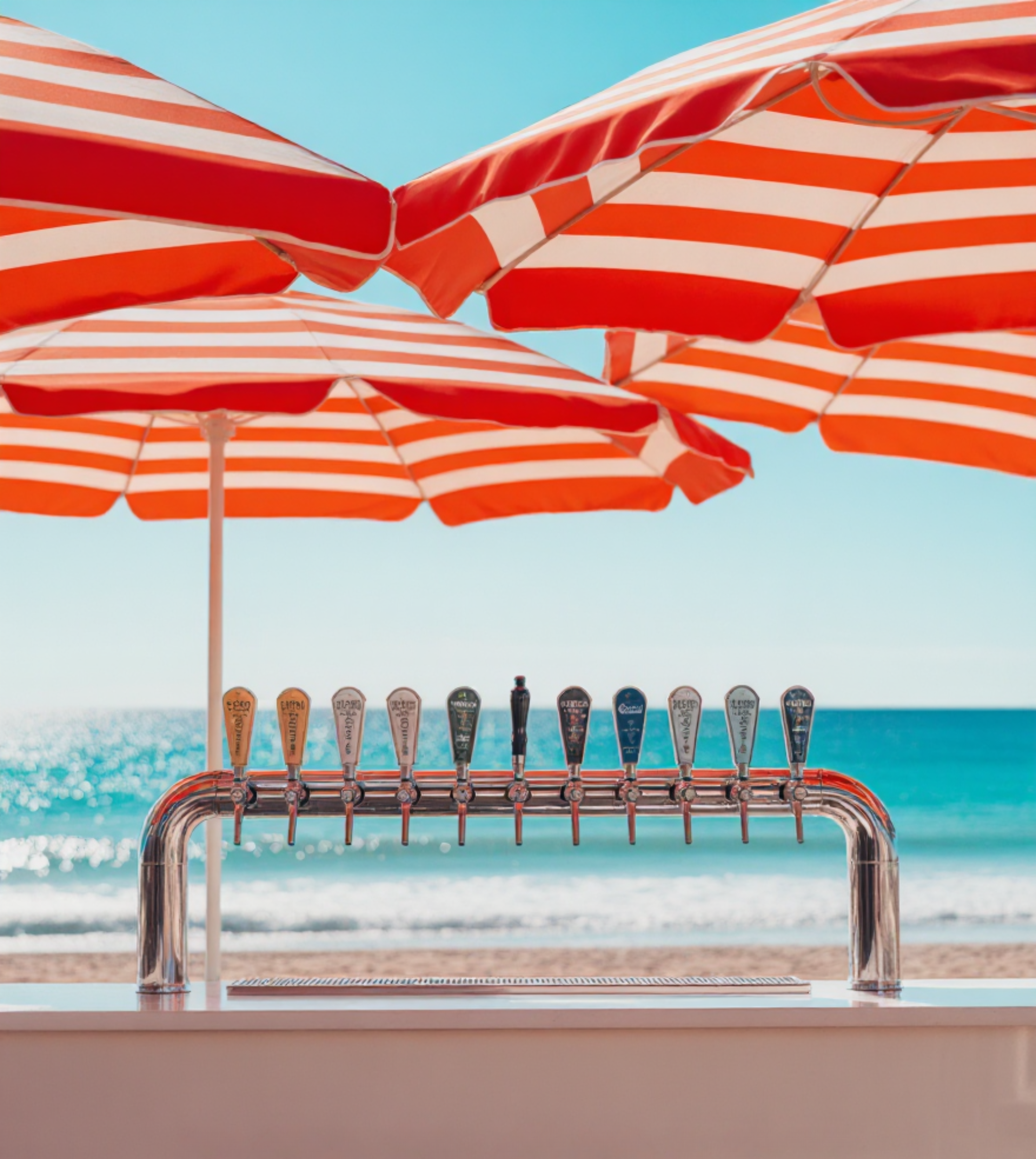 Beachside bar with red and white striped umbrellas, a row of beer taps, and ocean waves in the background.