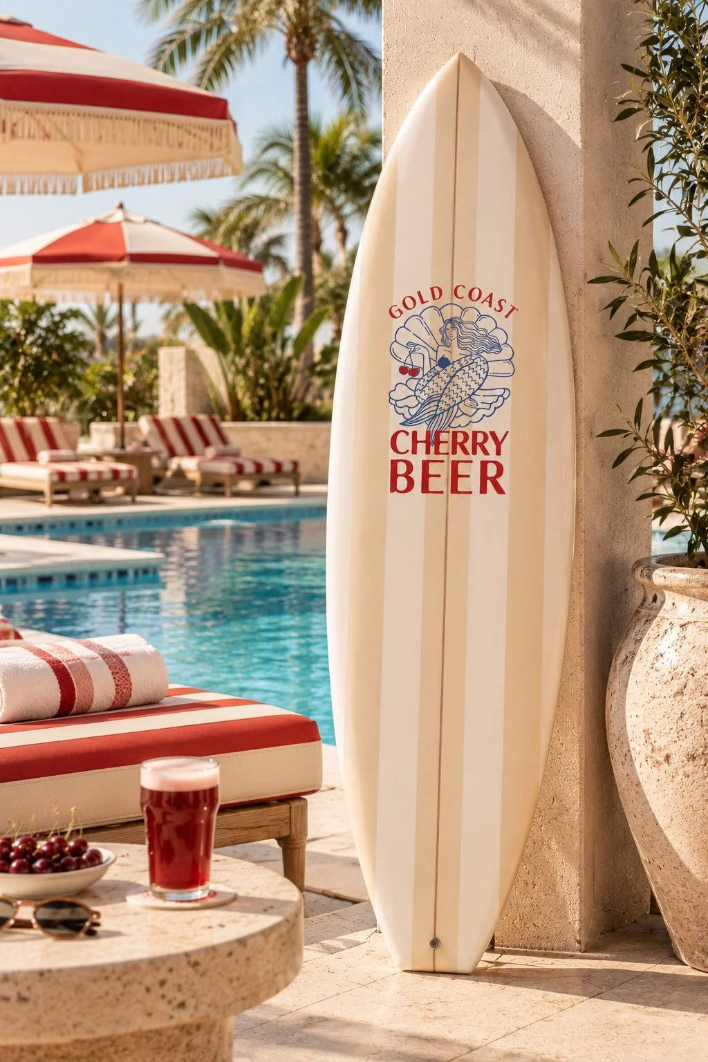 A Gold Coast Cherry Beer branded surfboard leaning against a wall, featuring a mermaid, located by a poolside under sun umbrellas, with lounge chairs and palm trees in the background.