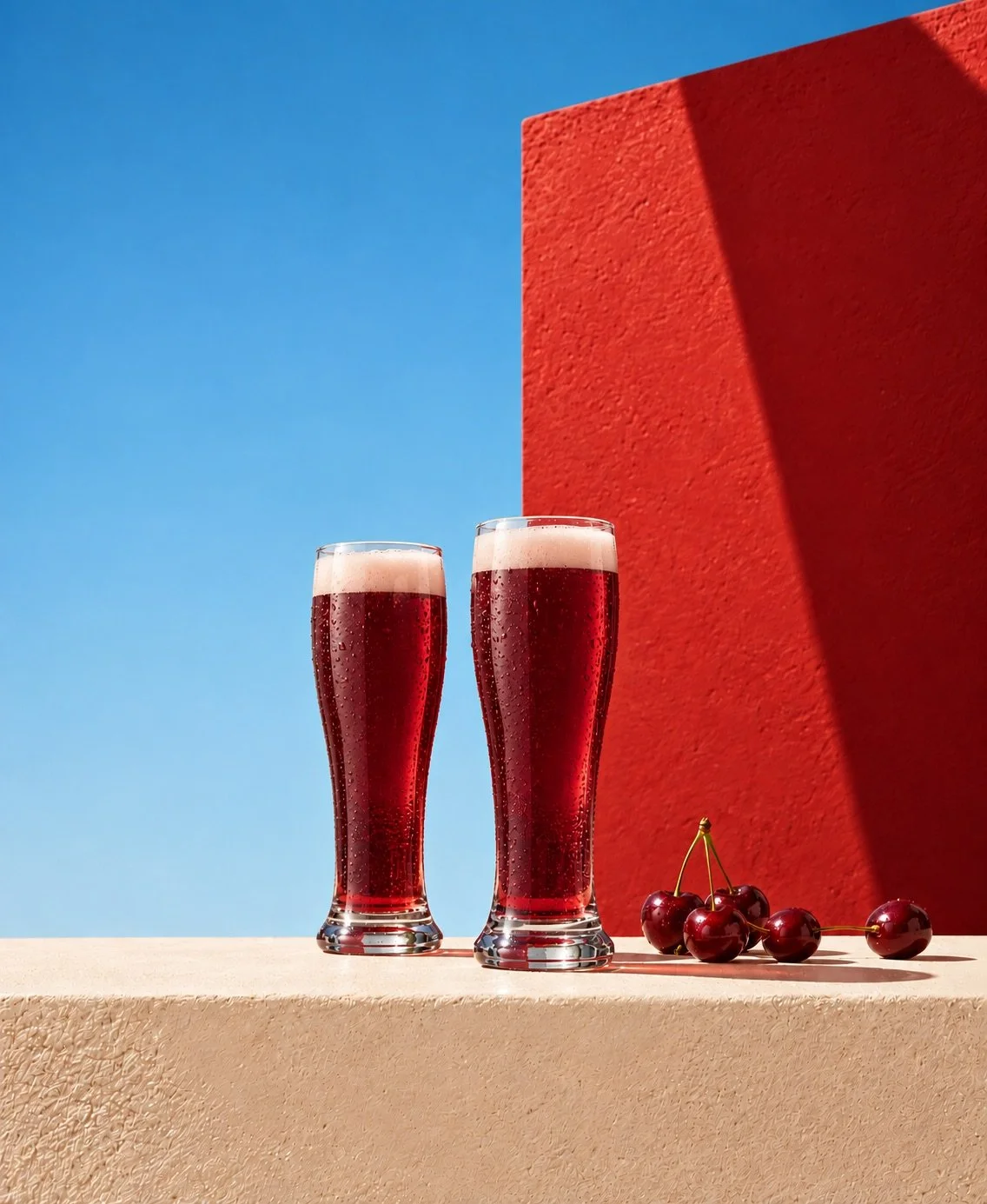 Two glasses of Gold Coast cherry beer with fresh cherries beside them, against a backdrop of a bright blue sky and a red wall.