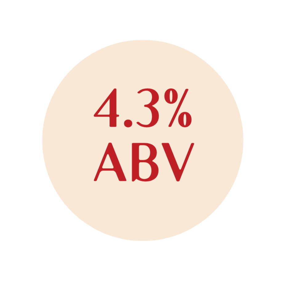 A circular beige label with red text displaying '4.3% ABV' for an alcoholic beverage.