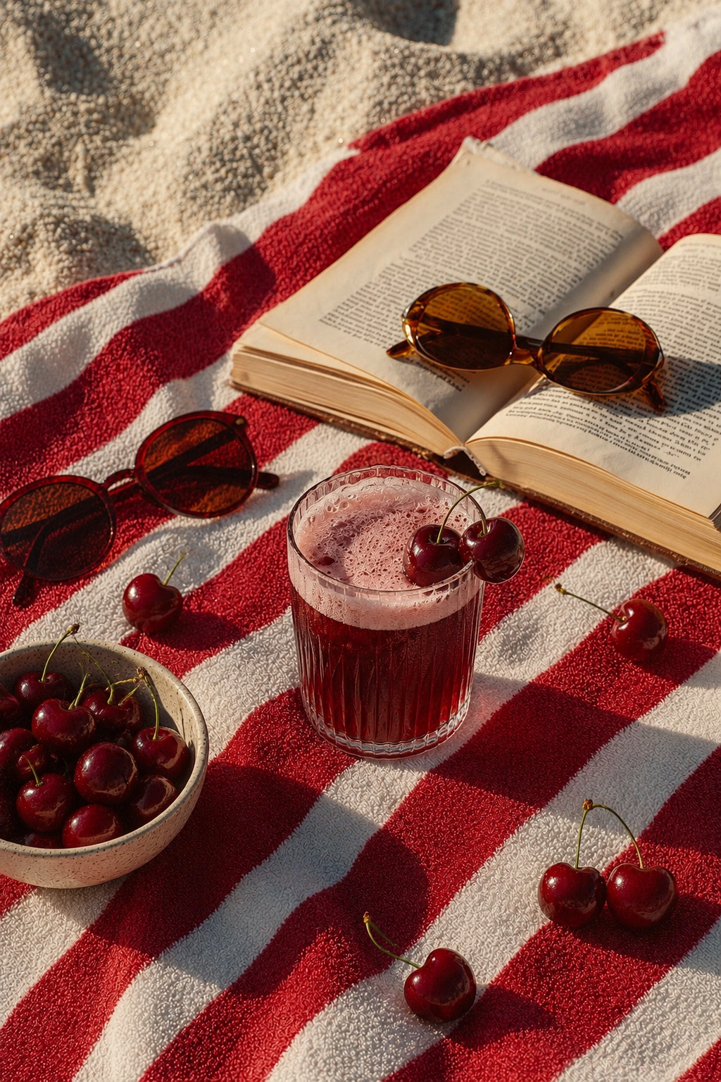 A picnic scene on a red and white striped towel featuring an open book with sunglasses resting on it, a glass of cherry juice with cherries, a bowl of cherries, and additional cherries scattered around, with a pair of red sunglasses nearby.