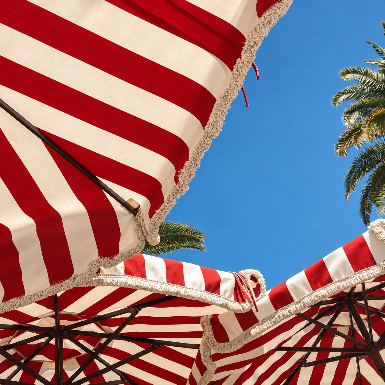 Red and white striped beach umbrellas with frilled edges under a clear blue sky and palm trees.