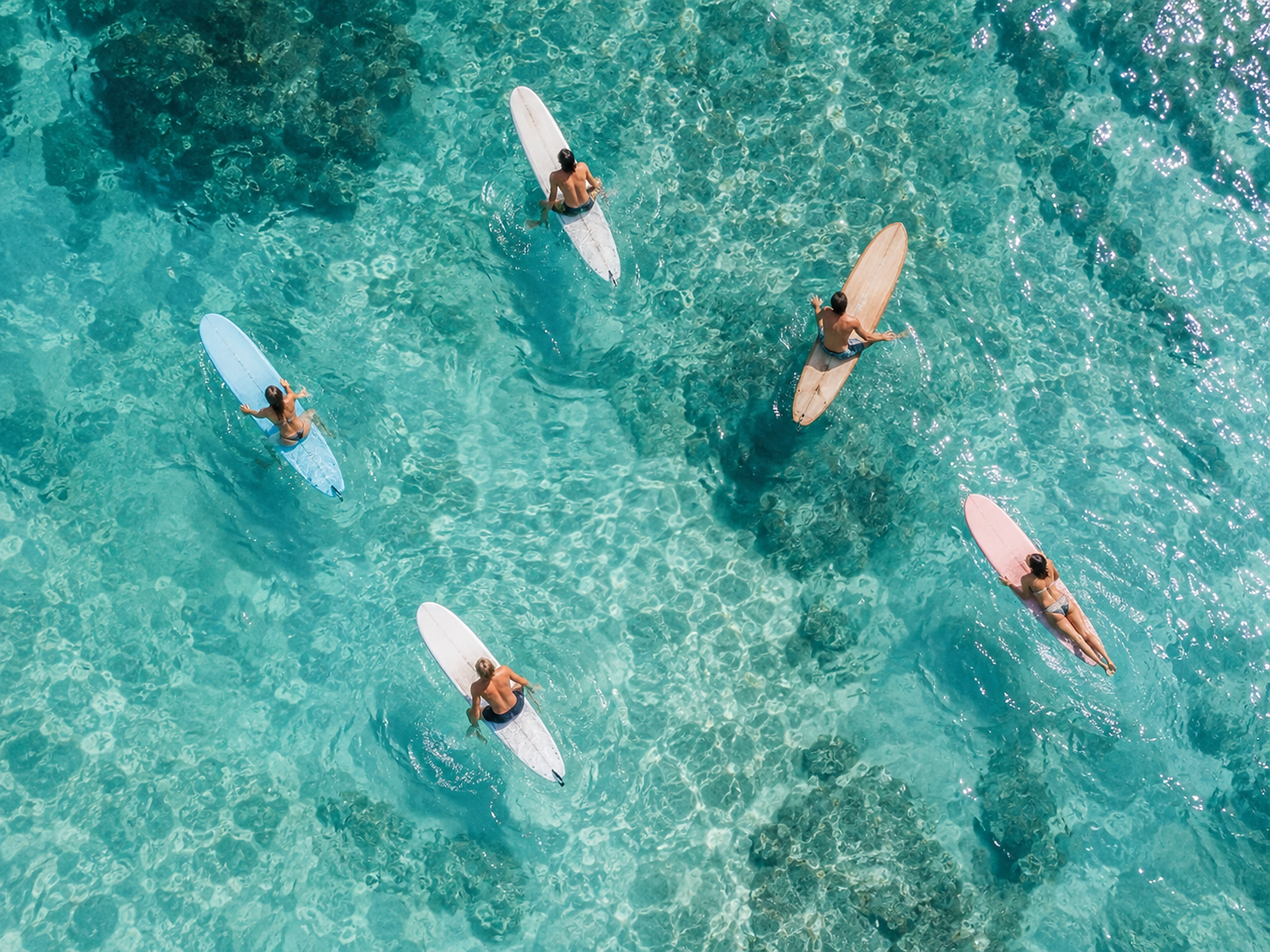 Top-down view of five people paddleboarding and surfing in clear turquoise water.