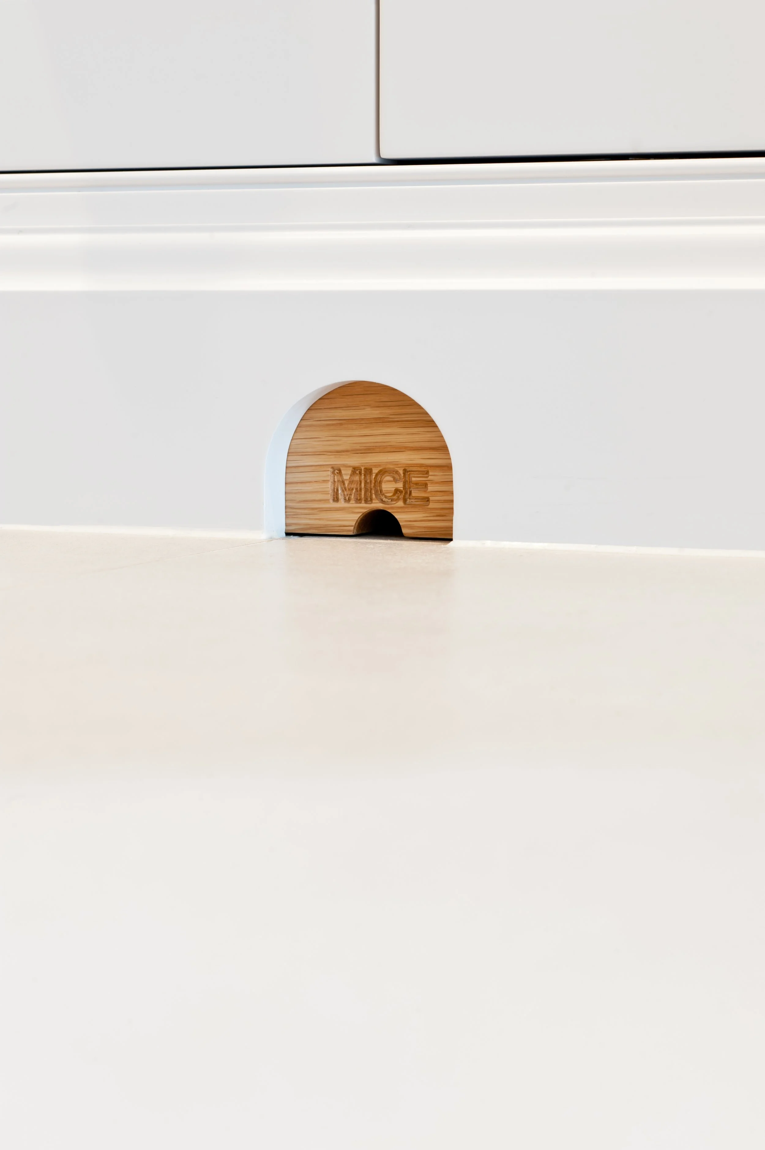 Close-up of a white wooden or plastic cat house with an arched entrance, inside of which the word "MICE" is engraved on a wooden panel.