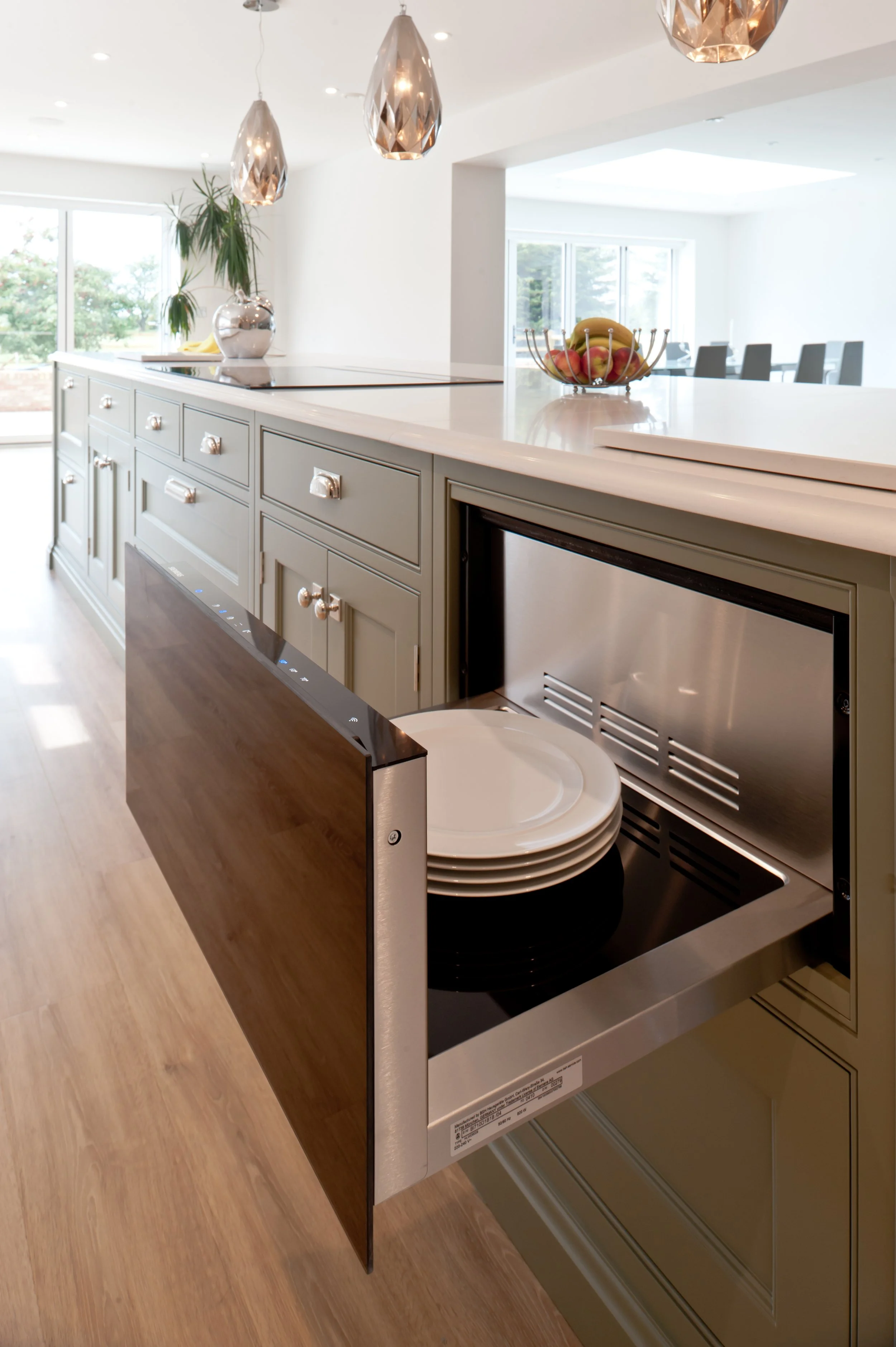 under counter warming drawer in bespoke kitchen in kent