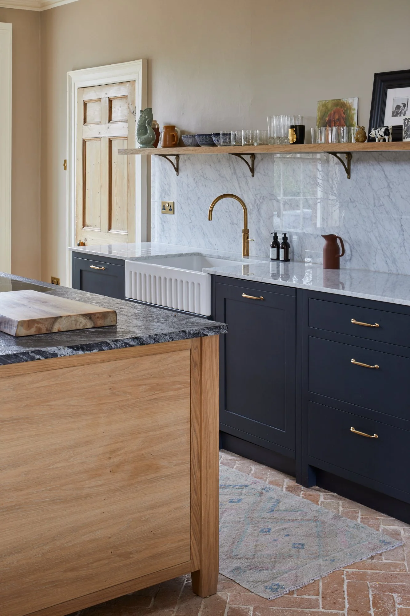 oak island and painted dark cupboards bespoke kitchen sandhurst