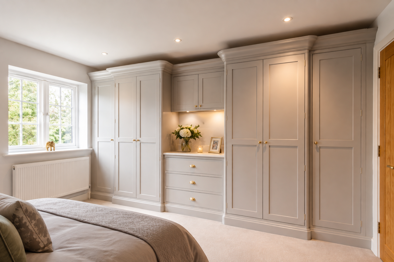 Everything in its place. Floor-to-ceiling fitted wardrobes and drawers, designed around the room rather than imposed upon it.
