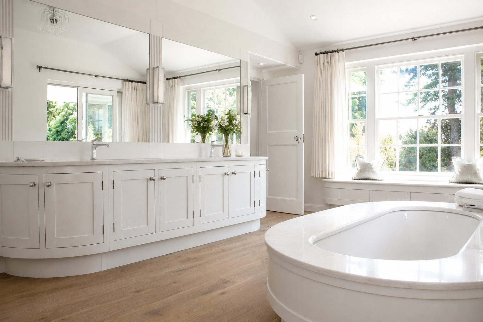 Room to breathe. Bespoke bathroom cabinetry curves effortlessly through this light-filled space.