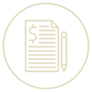 Icon of a document with a dollar sign and lines of text, next to a pencil, within a circle.