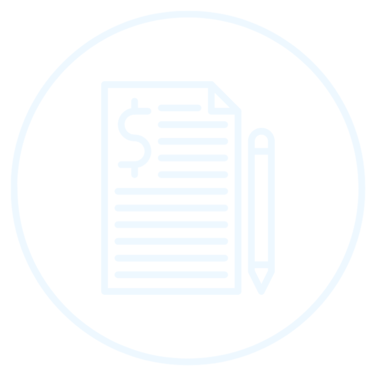 Icon of a document with a dollar sign and lines of text, next to a pencil, within a circle.