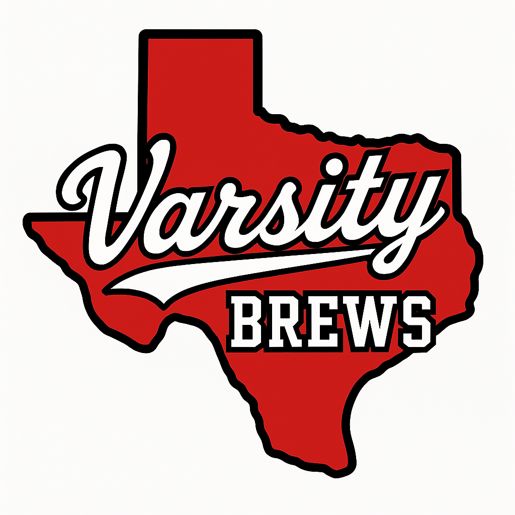 Logo of Varsity Brews featuring the outline of Texas in red with white and black text.