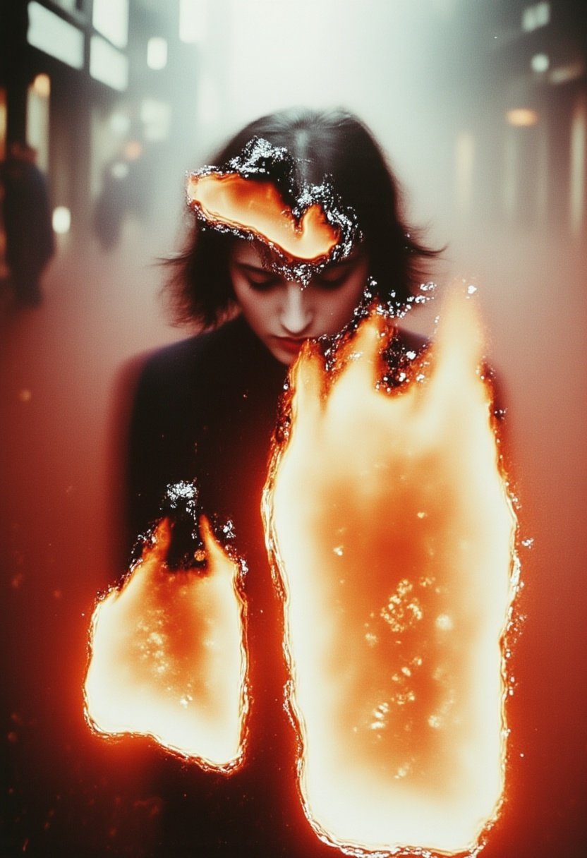 Mujer con cabello corto en un entorno urbano oscuro, con efectos visuales de fuego y humo.