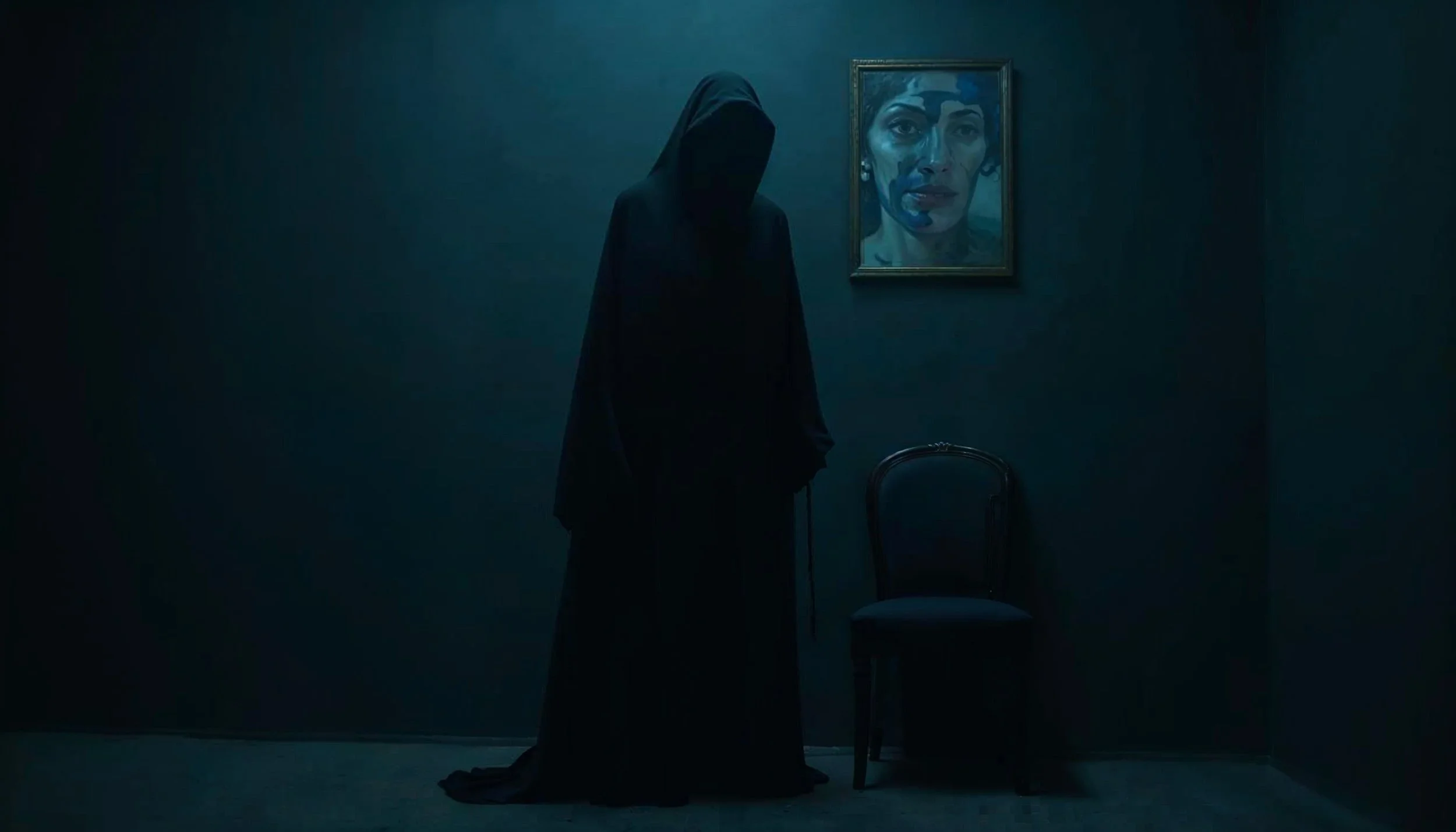 Fotografía generada con IA, retocada, cine experimental, luz cinematográfica, dark, retrato, azul.