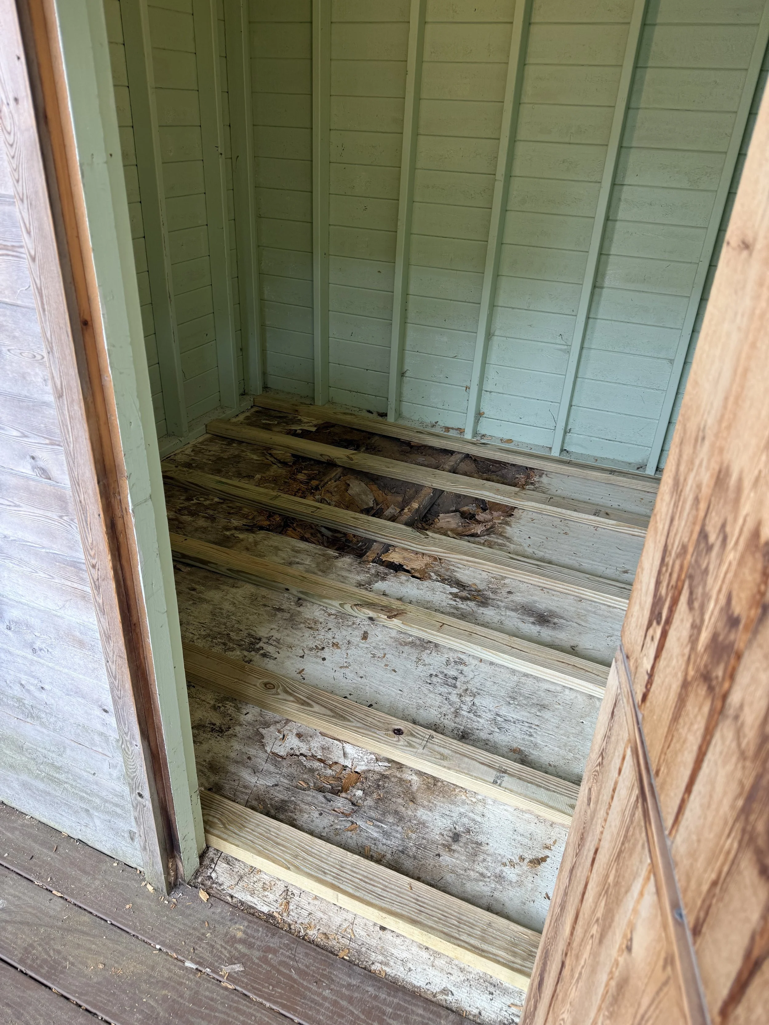 Interior of a small shed or storage unit showing exposed floor joists and a partially rotted subfloor with light green painted walls.