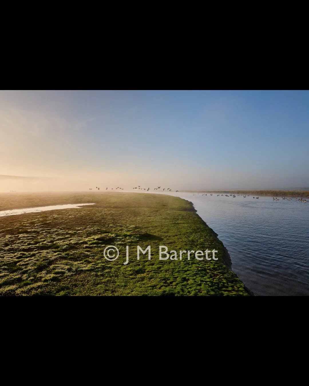 A landscape featuring a narrow strip of land with green vegetation between two bodies of water, with birds flying above and on the water, under a clear blue sky with some mist or fog on the horizon.