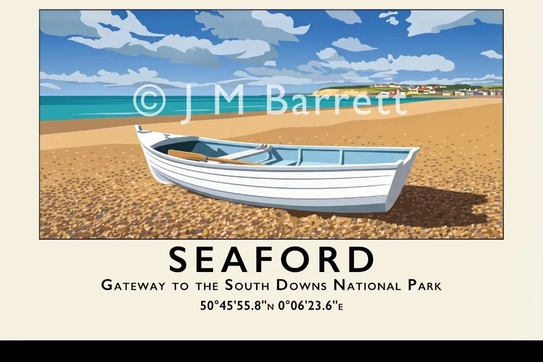 Illustration of a boat on a sandy beach with coastline and houses in the background under a partly cloudy sky, representing Seaford, gateway to South Downs National Park.