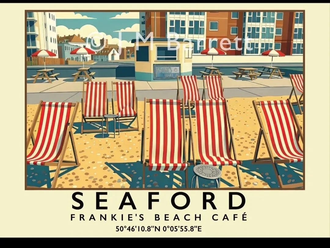 Empty striped deck chairs on a sandy beach with a small seaside cafe and buildings in the background.