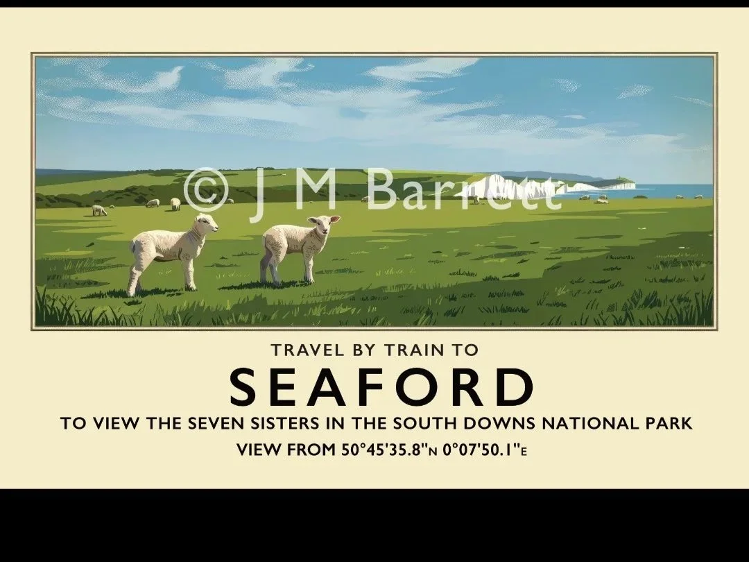 Travel poster for Seaford, featuring an illustration of a scenic landscape with sheep grazing, green fields, cliffs, and the ocean in the background.