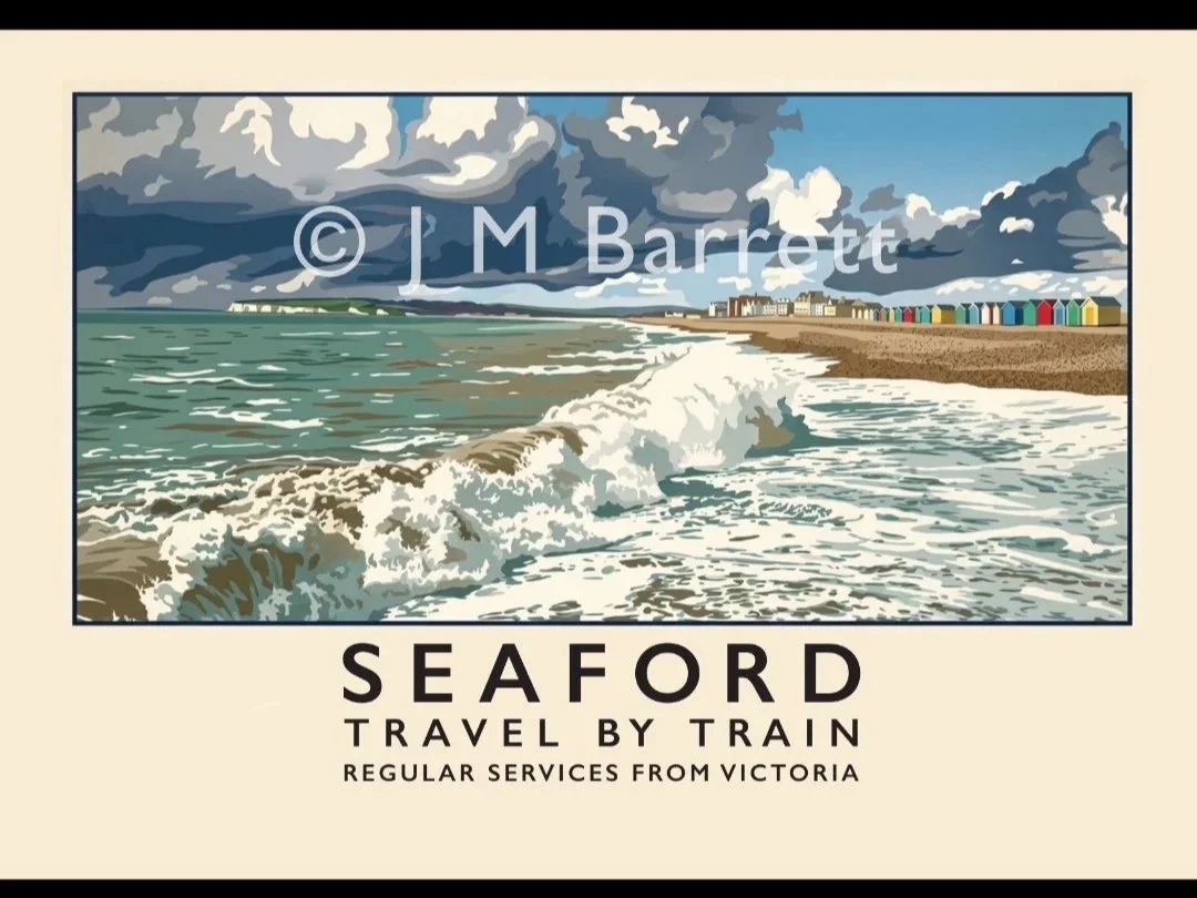 Colorful illustration of Seaford beach with waves crashing on shore, beach huts, and cloudy sky, promoting train travel from Victoria.