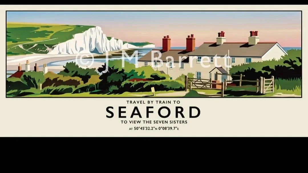 Illustration of a coastal scene with green hills, white cliffs, and houses with chimneys, suggesting a seaside village or town.