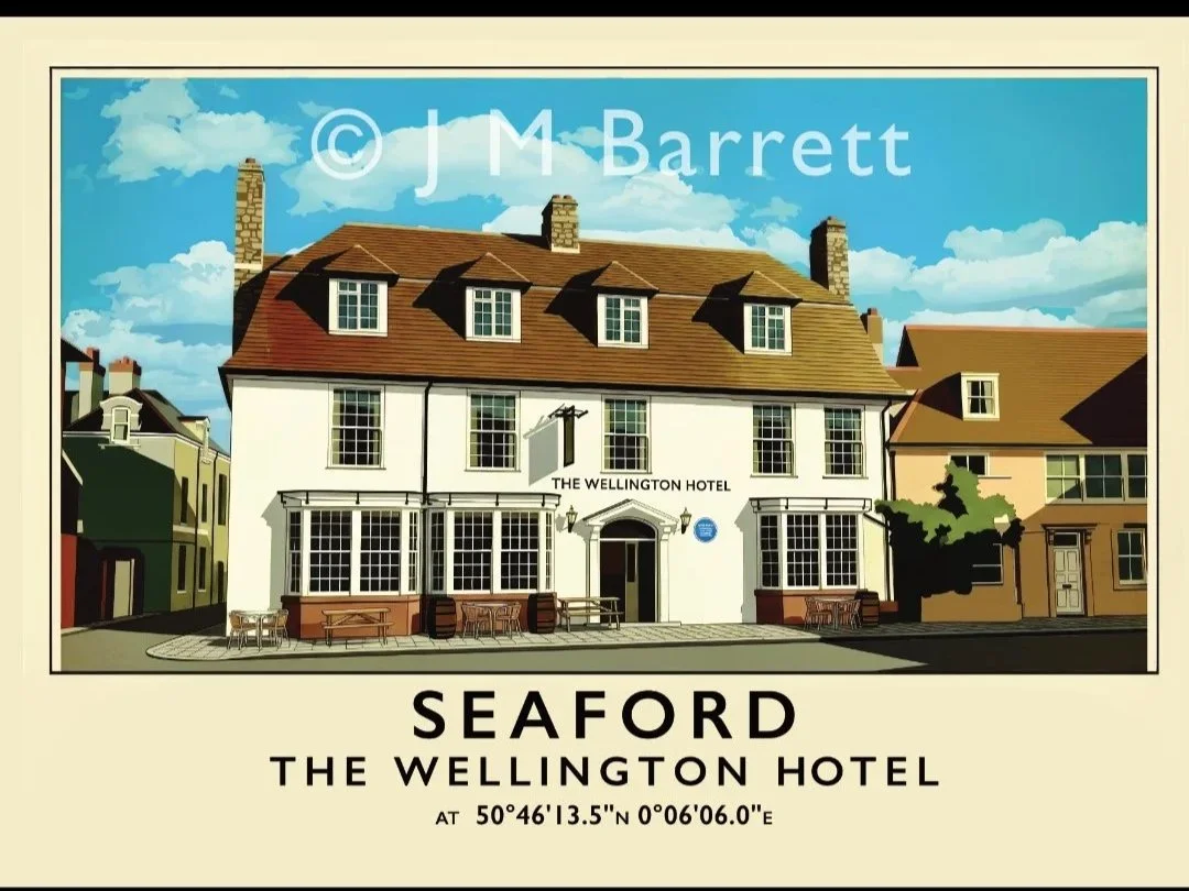 Illustration of The Wellington Hotel, a white multi-story building with a brown roof, situated on a street corner with outdoor benches and tables in front, under a blue sky with clouds.