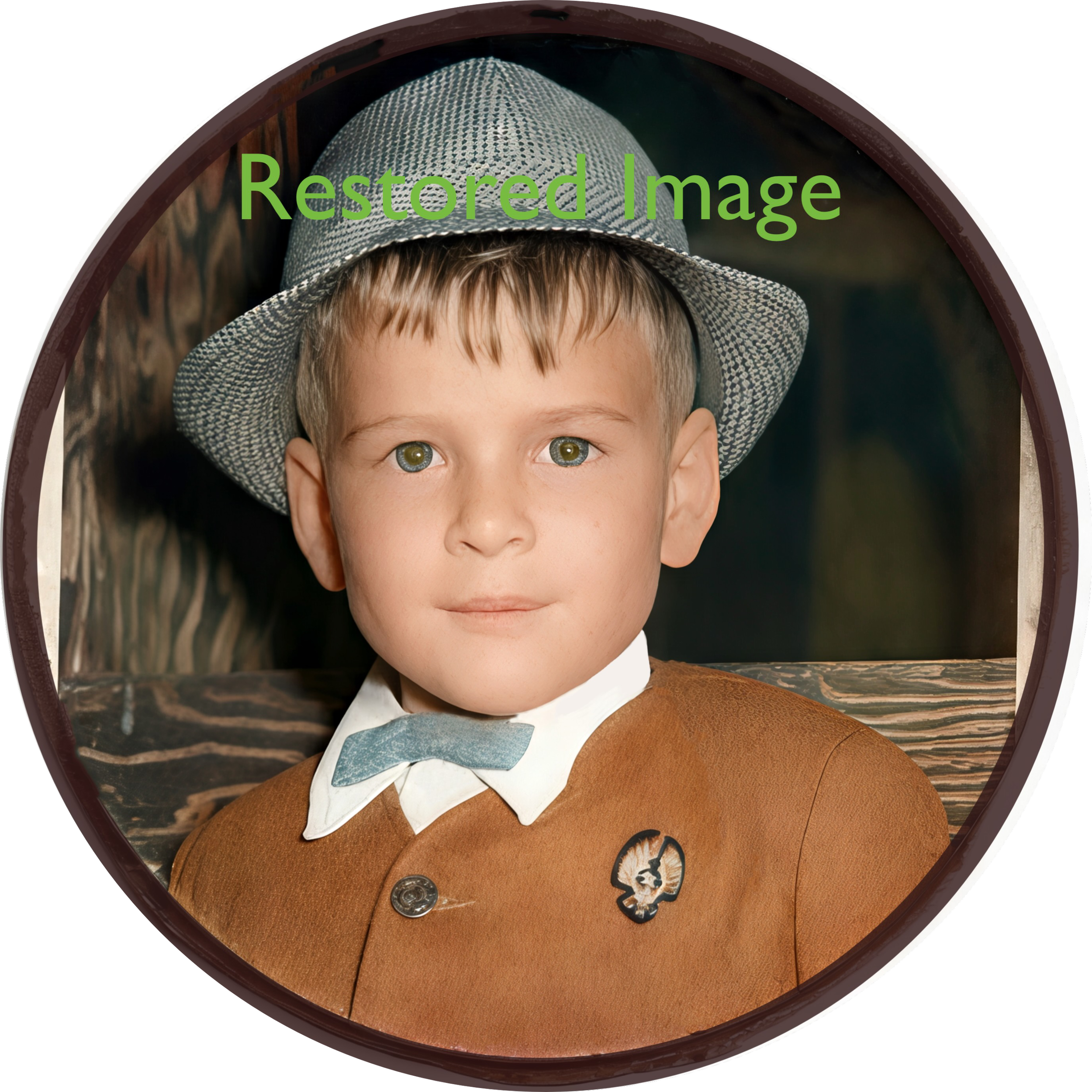 Close-up of a Boy Scout badge showing a smiling boy wearing a uniform with a hat and badge, looking directly at the camera.