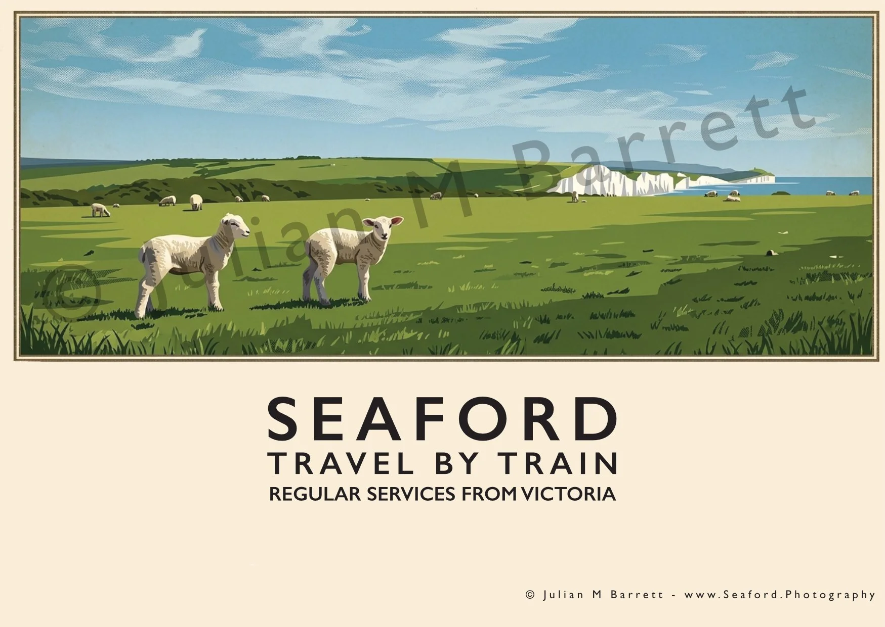 Postcard of Lambs on Seaford Head with Seven Sisters in the Background