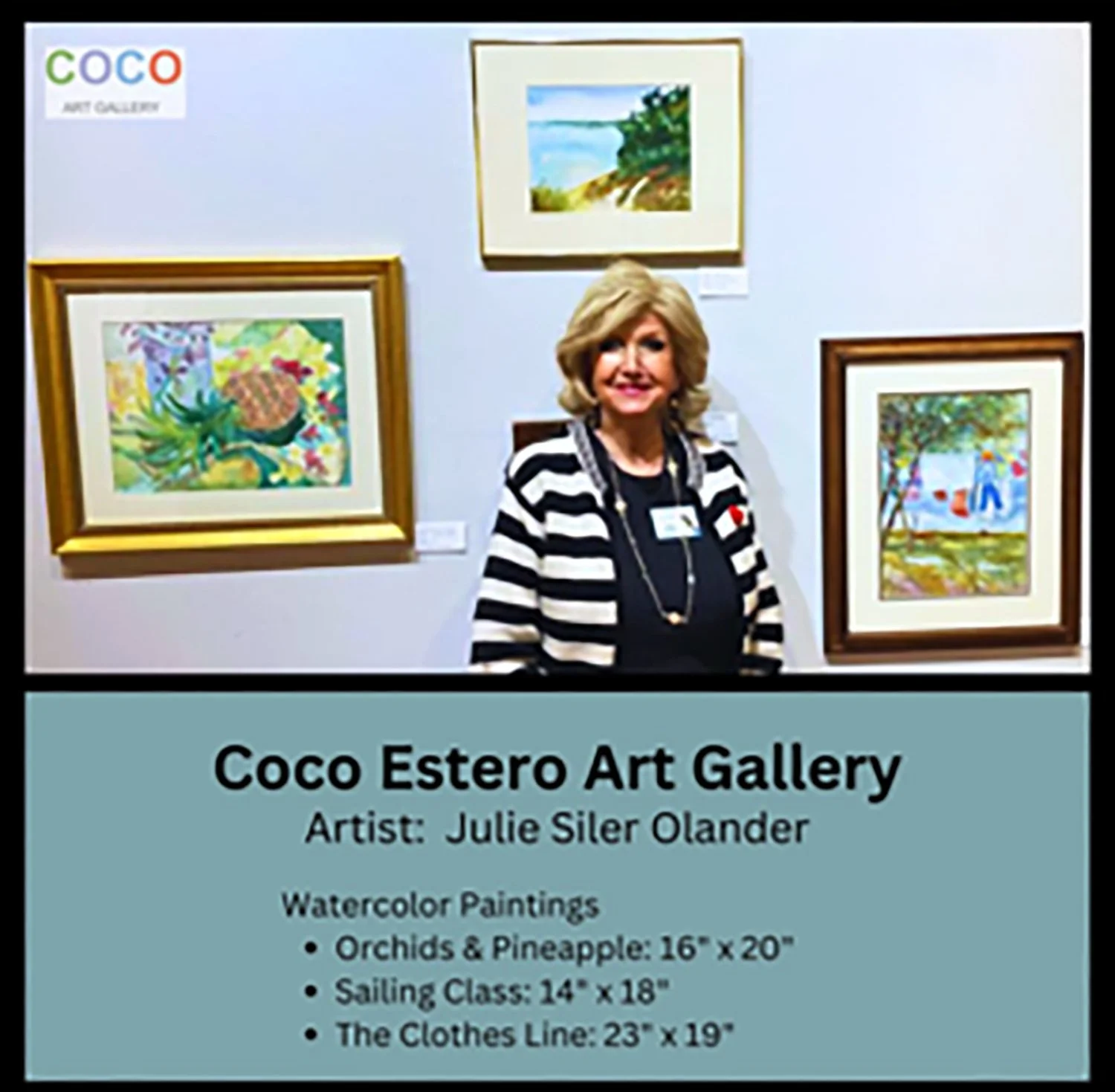 An art exhibit at Coco Estero Art Gallery featuring watercolor paintings by Julie Siler Olander, including images of orchids and pineapples, a sailing class scene, and a line of clothes.