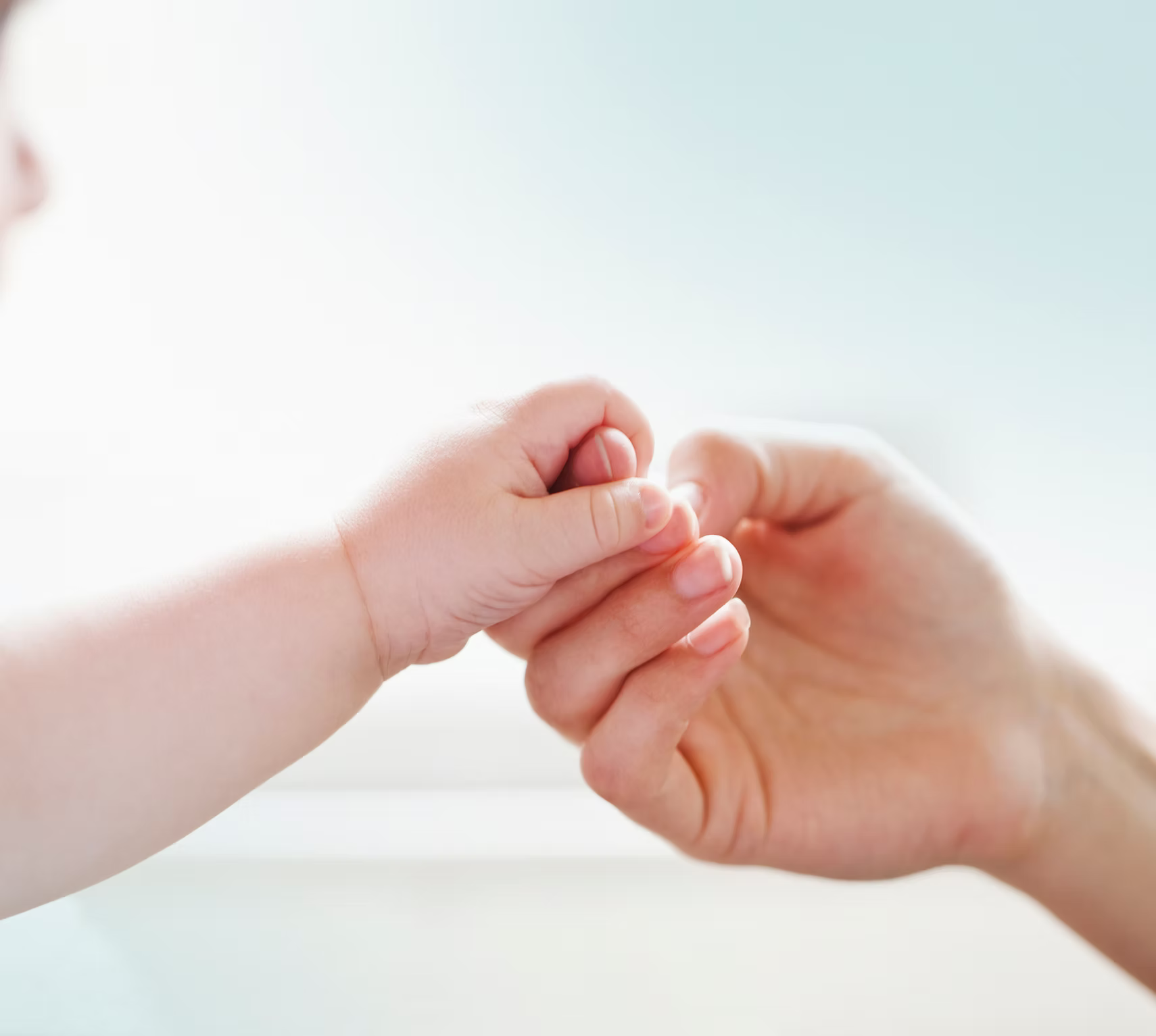 Close-up of an adult hand holding a baby's hand, showing the baby's small fingers gripping the adult's finger.