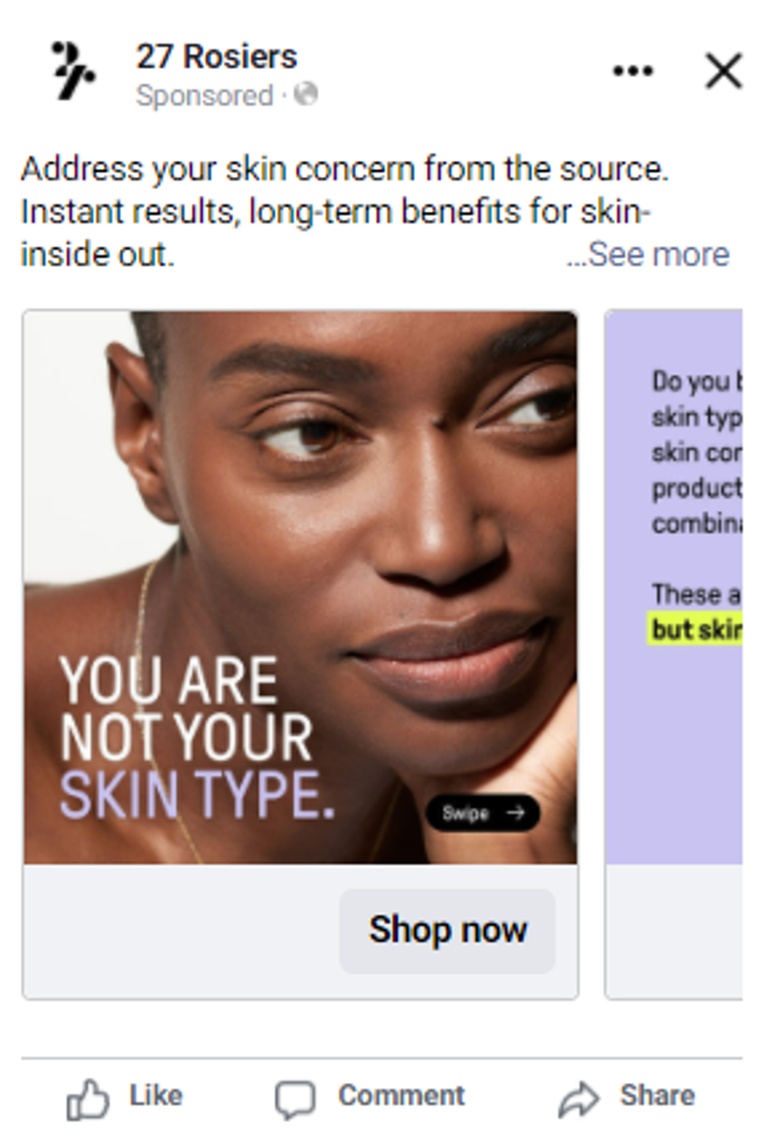 Close-up of a woman with dark skin, looking to the side. Text overlay says, "You are not your skin type." Promotional image for skin care or cosmetic products.