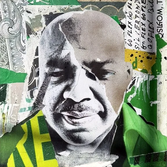 Collage of a crying man's face in black and white, with torn layers of paper and green and yellow accents, featuring handwritten and printed text.
