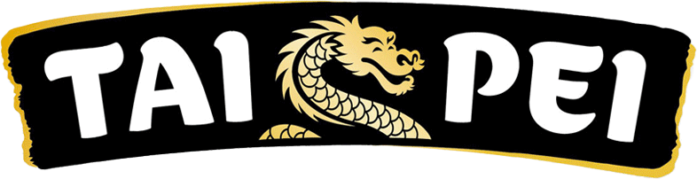 Logo with the words 'TAI PEI' and a stylized dragon in between, on a black background.