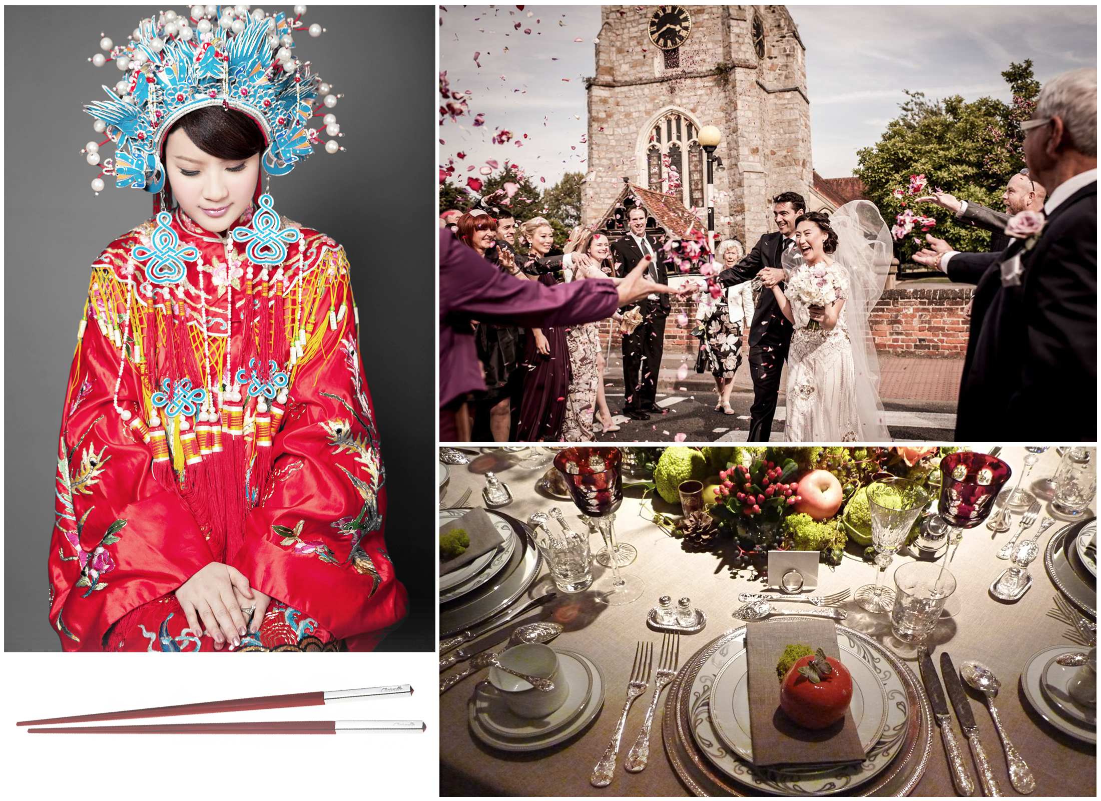 Collage of four images: A woman in traditional Chinese wedding attire with intricate headdress and red dress, a wedding celebration with a bride and groom and guests throwing rose petals outside a church, a formal dinner table set with elegant china,