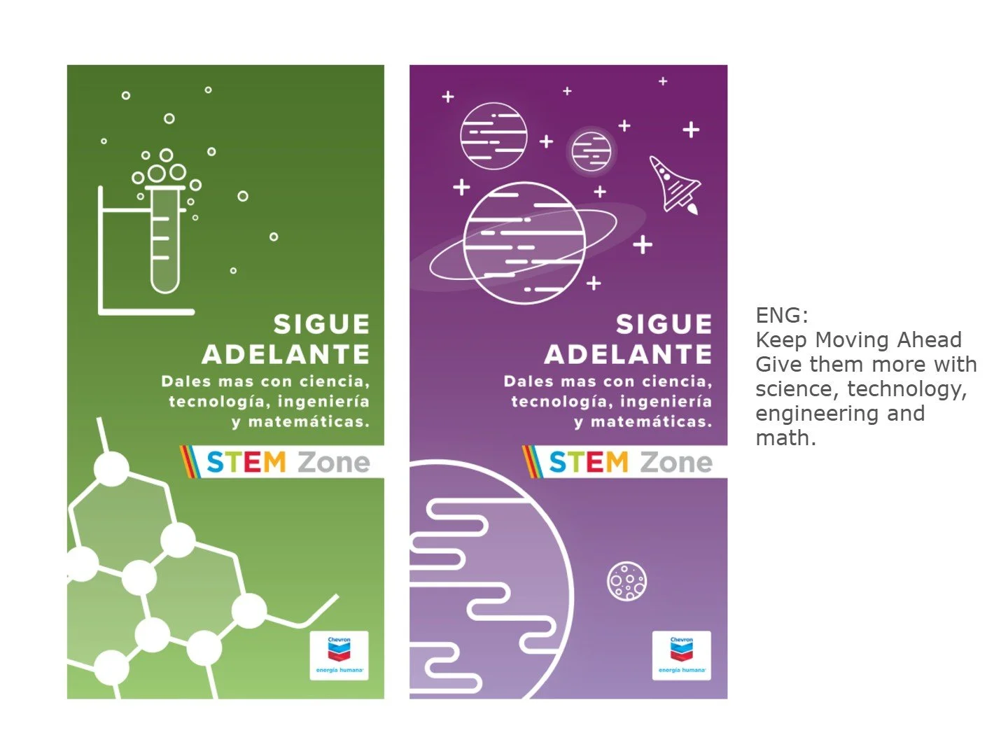 Two colorful posters promoting science, technology, engineering, and mathematics (STEM) for youth. The left poster has a green background with a test tube and molecular structure, with text in Spanish. The right poster has a purple background with planets, a spaceship, and space-themed graphics, with text in Spanish. The logos of Chevron and Energía Humana are at the bottom of both posters.