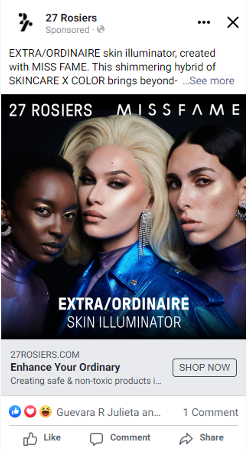 Image of three women with bold makeup and earrings promoting 27 Rosiers' skin illuminator product, featuring the product name and branding in the background.