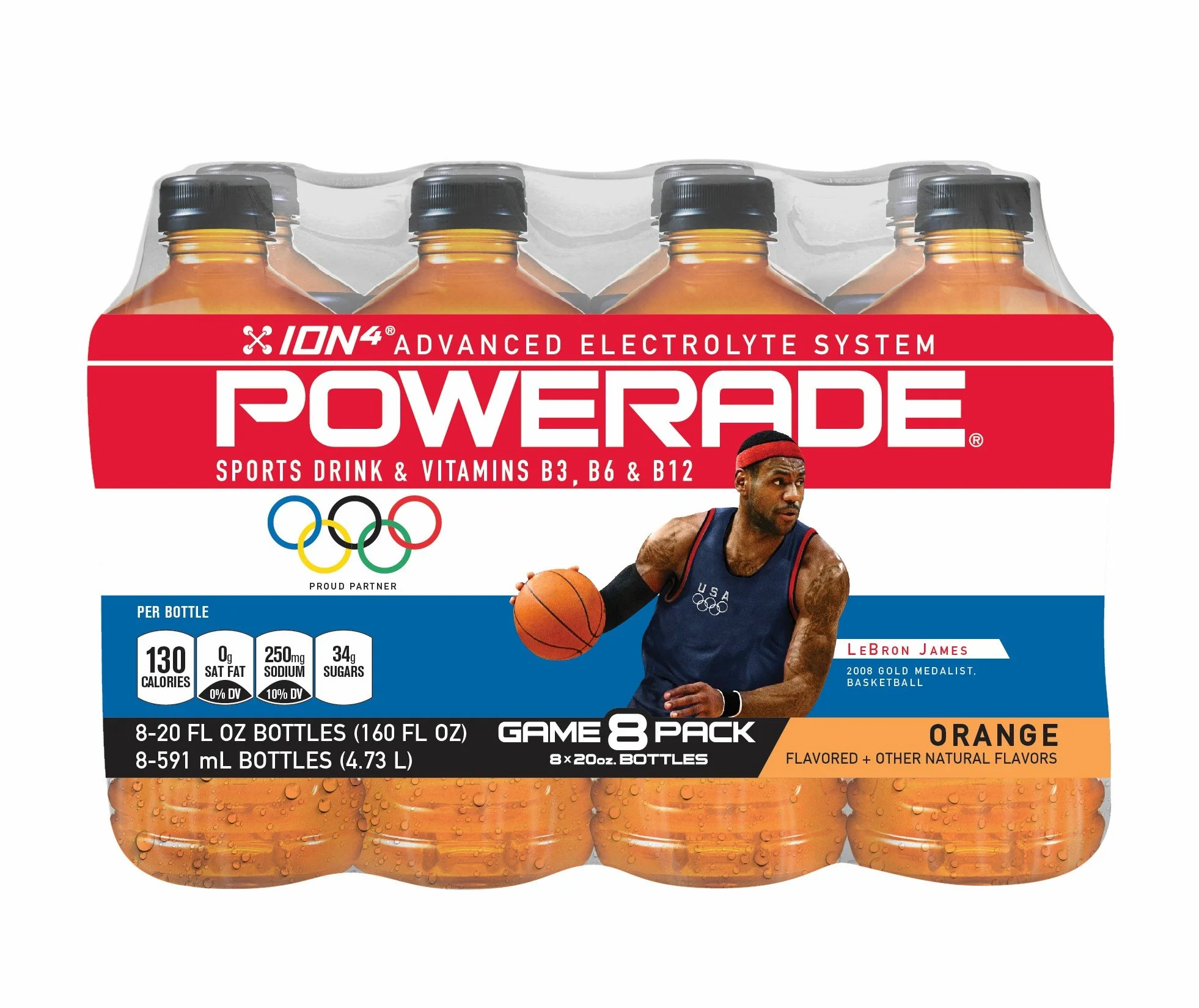 A pack of eight Powerade sports drinks with orange flavor, featuring a basketball player and the Olympic rings logo on the label.