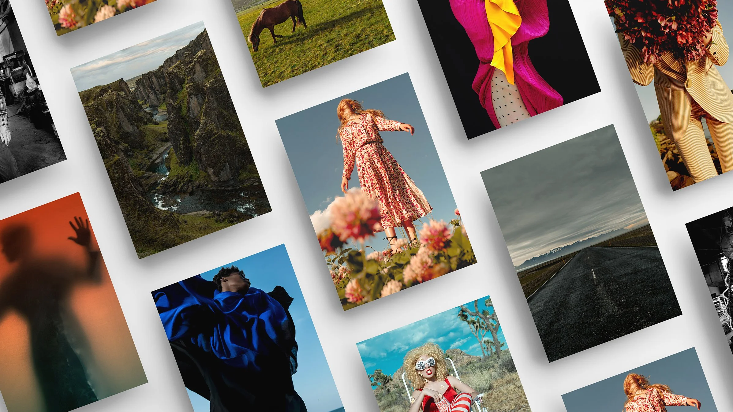 A collage of various photographs, including a landscape with cliffs and a river, a person in blue clothing, a woman in a floral dress standing in a field of flowers, a horse grazing in a field, and a woman with blonde curly hair wearing a red dress with goggles, all arranged in a grid pattern.
