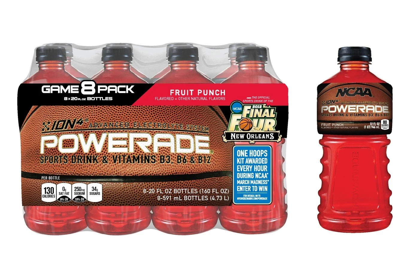 A pack of Powerade sports drinks, fruit punch flavor, containing eight 20-ounce bottles, with one bottle displayed separately to the right.