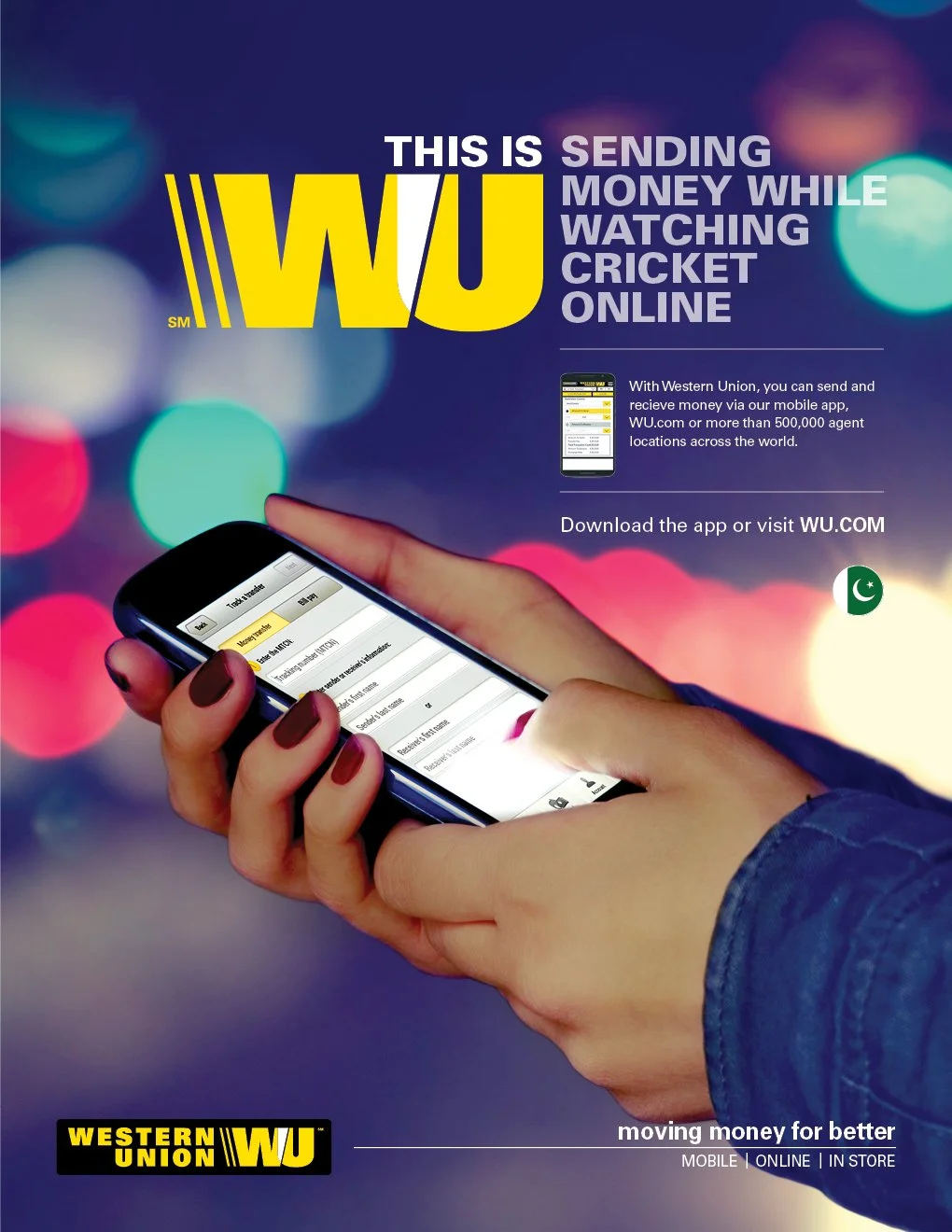 A person holding a smartphone with the Western Union app open, promoting online money transfer services, with colorful blurred lights in the background.