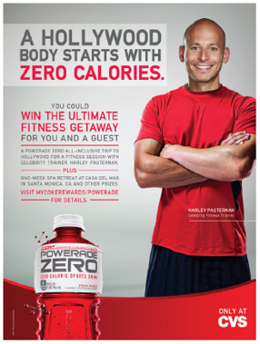 Poster featuring Harley Pasternak promoting Powerade Zero, a zero-calorie sports drink, with text about a Hollywood body, fitness getaway, and CVS branding.