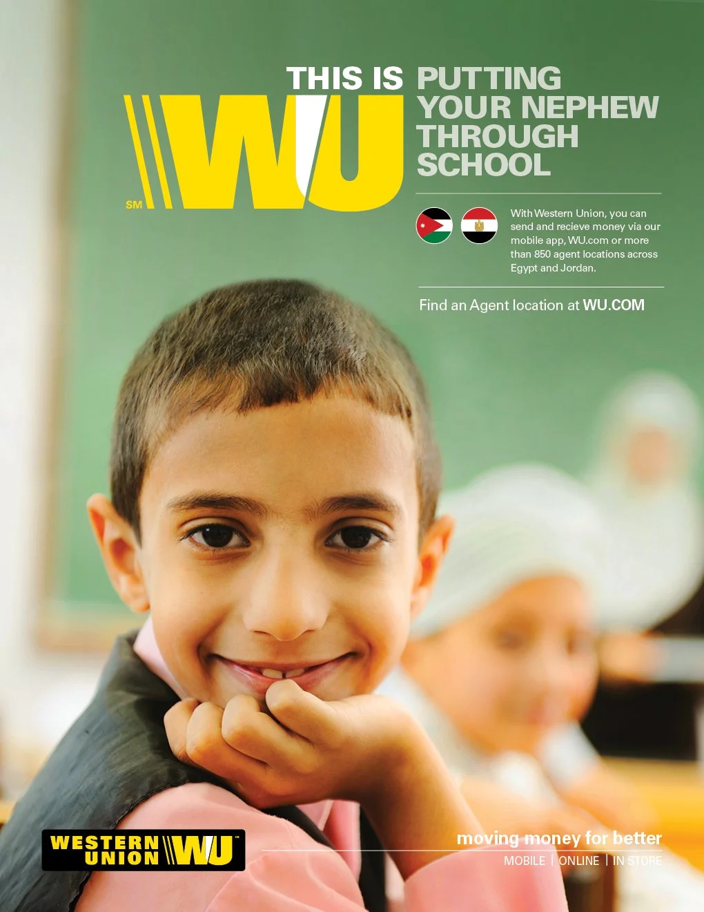 A promotional flyer for Western Union featuring a smiling young boy in a classroom with a green chalkboard behind him. The flyer promotes sending and receiving money through Western Union's mobile app and agent locations in Egypt and Jordan.