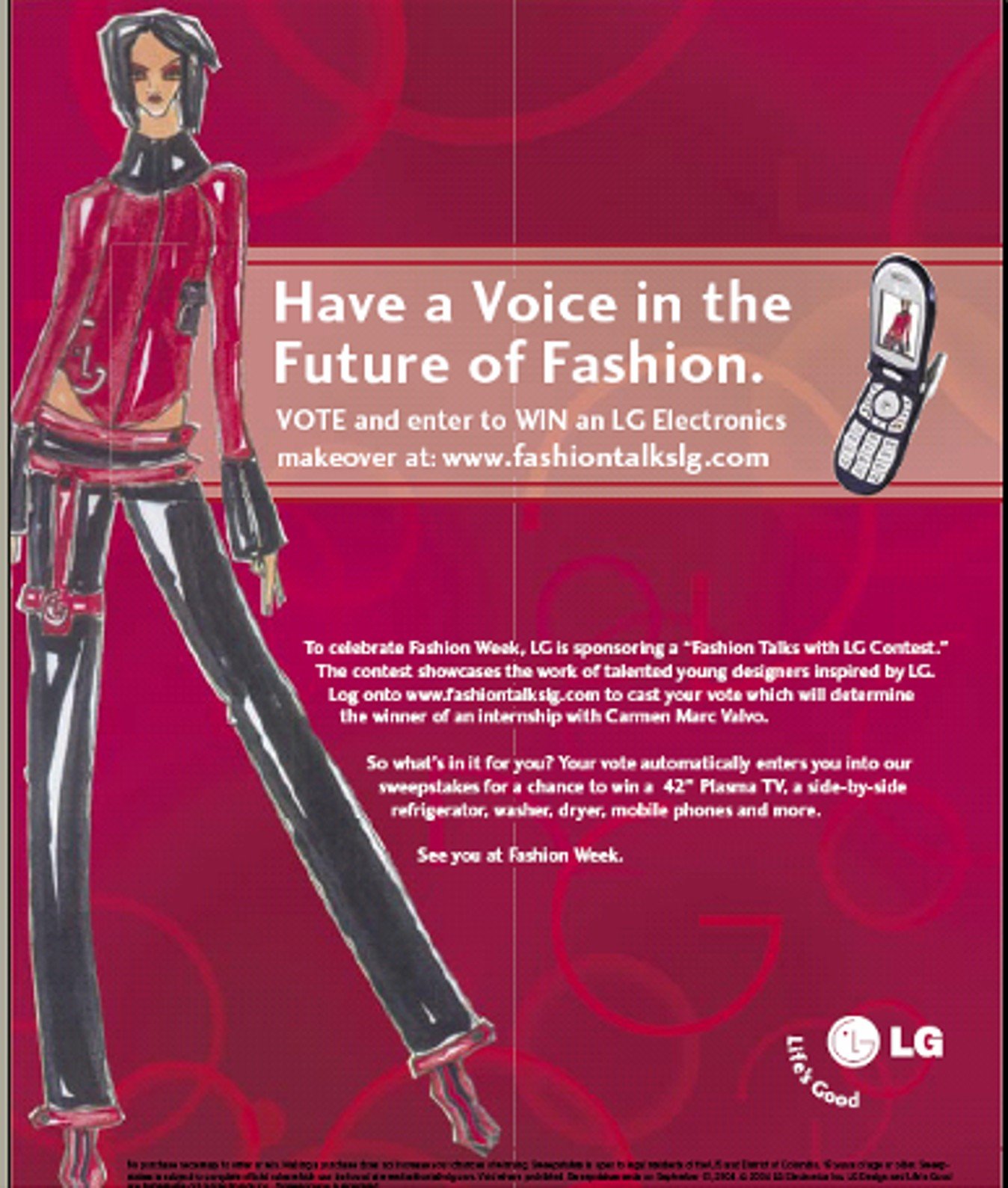 Fashion Contest promotional flyer with a drawing of a woman in edgy clothing, next to a flip phone, with text about voting for fashion designs and winning LG Electronics prizes, celebrating Fashion Week.